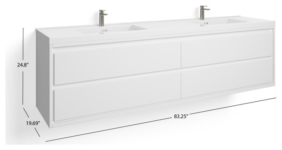 The Daria Bathroom Vanity, Glossy White, 84", Double Sink, Wall Mount