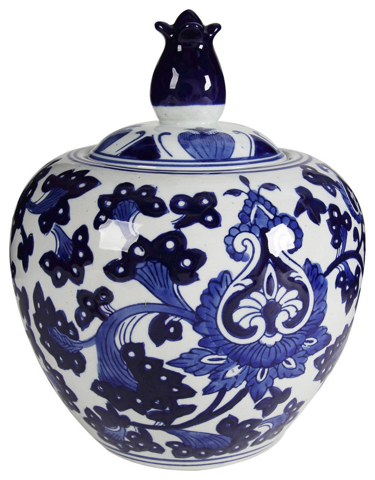 Benzara BM286406 10" Lidded Jar, Round Floral Print, Blue &White Porcelain
