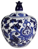 Benzara BM286406 10" Lidded Jar, Round Floral Print, Blue &White Porcelain