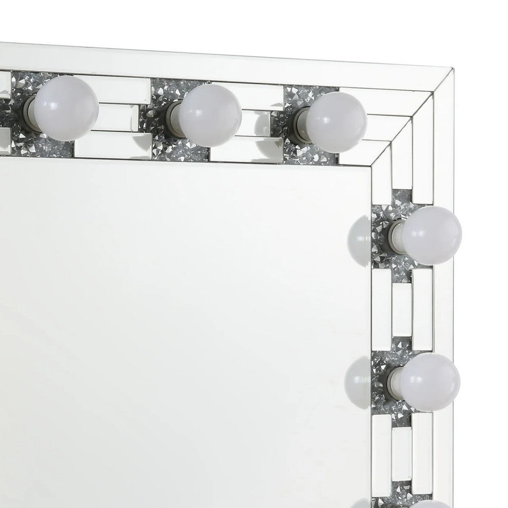 Benzara BM274650 Modern Glam Lighted Mirror, 12 Sockets, Faux Diamonds, Silver