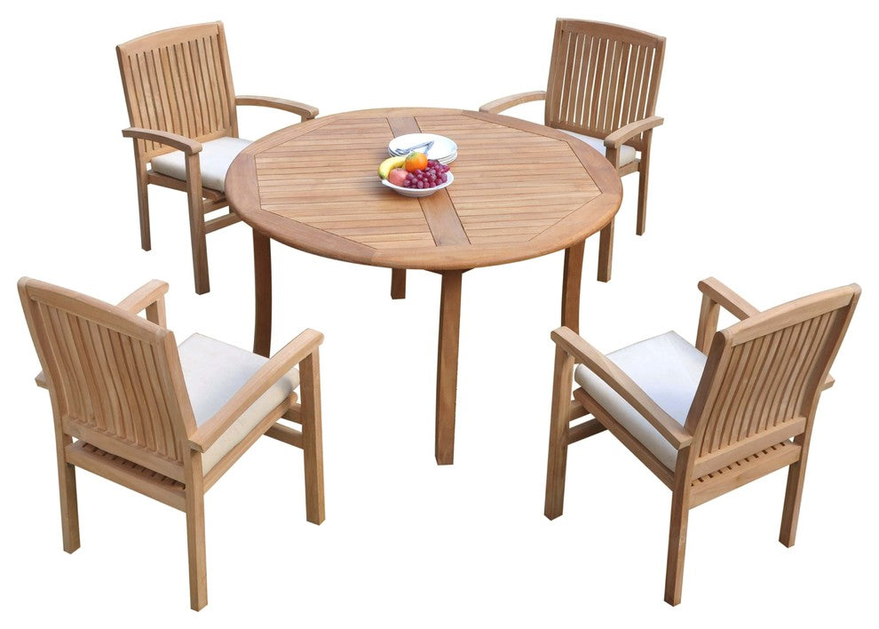 5-Piece Outdoor Teak Dining Set: 52" Round Table, 4 Wave Stacking Arm Chairs