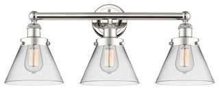Edison Large Cone 3-Light 26" Vanity Light, Polished Nickel Finish, Clear Shade