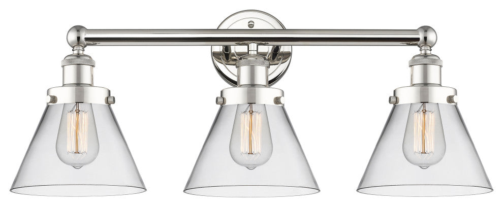Edison Large Cone 3-Light 26" Vanity Light, Polished Nickel Finish, Clear Shade