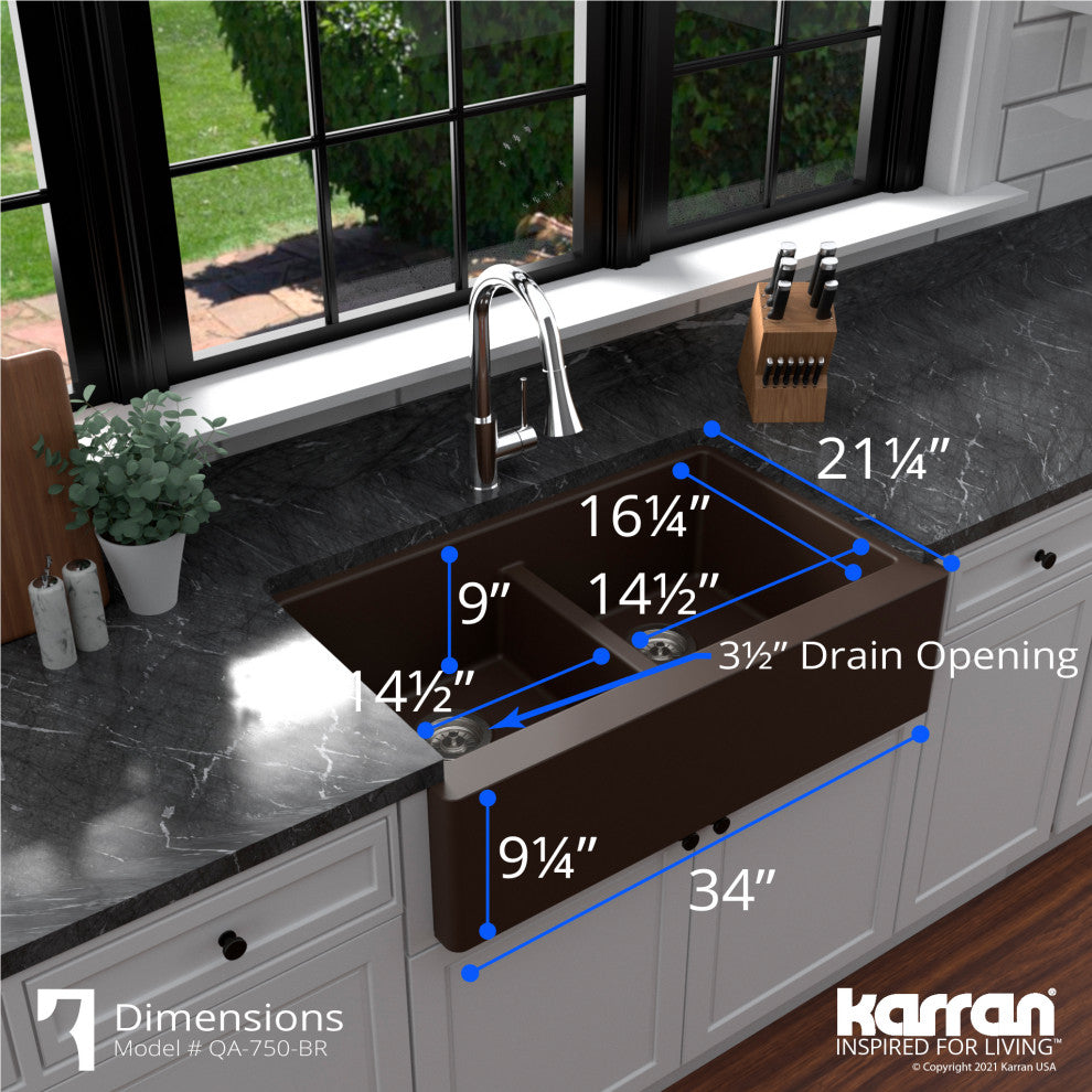Karran Farmhouse Apron Front Quartz 34" Double Bowl Kitchen Sink, Brown