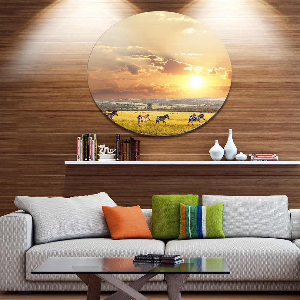 Zebras Wandering In African Prairie, Landscape Disc Metal Wall Art, 23"
