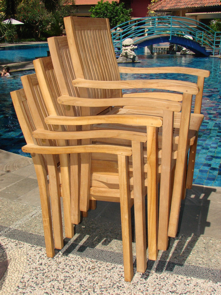 7-Piece Outdoor Teak Dining Set, 69" Table, 6 Leveb Stacking Arm Chairs