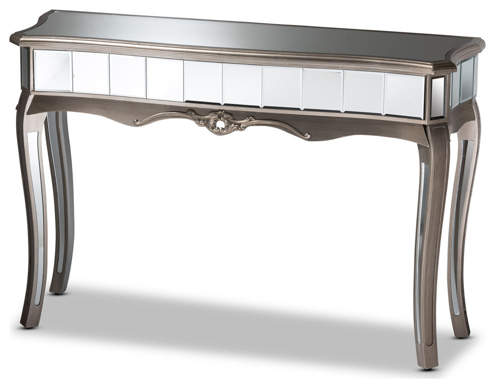 Elgin Contemporary Brushed Silver Finished Wood and Mirrored Glass Console Table