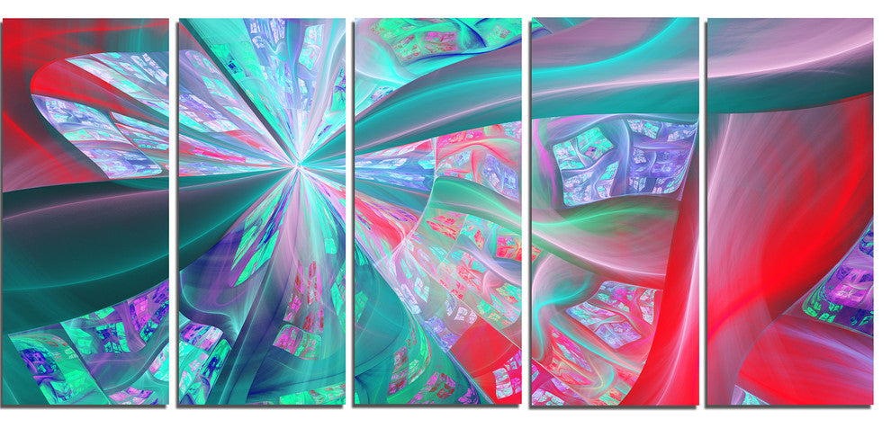Red Blue Fractal Exotic Plant Stems, Abstract Canvas Print, 60"x28", 5 Panels