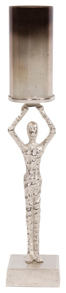 Howard Elliott Smoky Pewter Glass Vase On Abstract Figure Stand