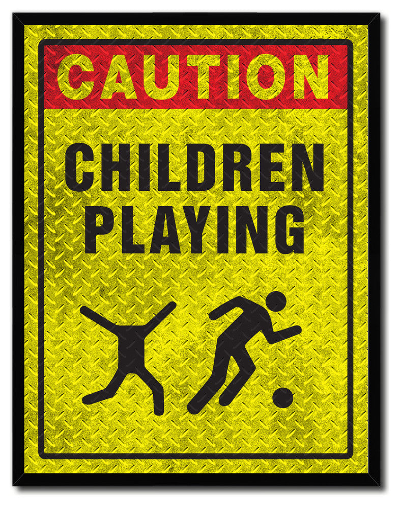 Caution Children Playing Caution Sign, Canvas, Picture Frame, 28"X37"