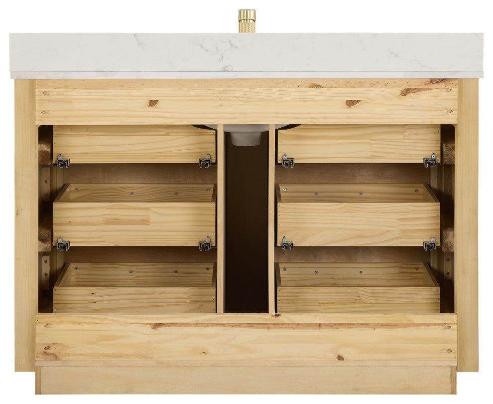 Porto Bath Vanity with White Quartz Stone Top, Dark Brown Oak, 48 in., No Mirror