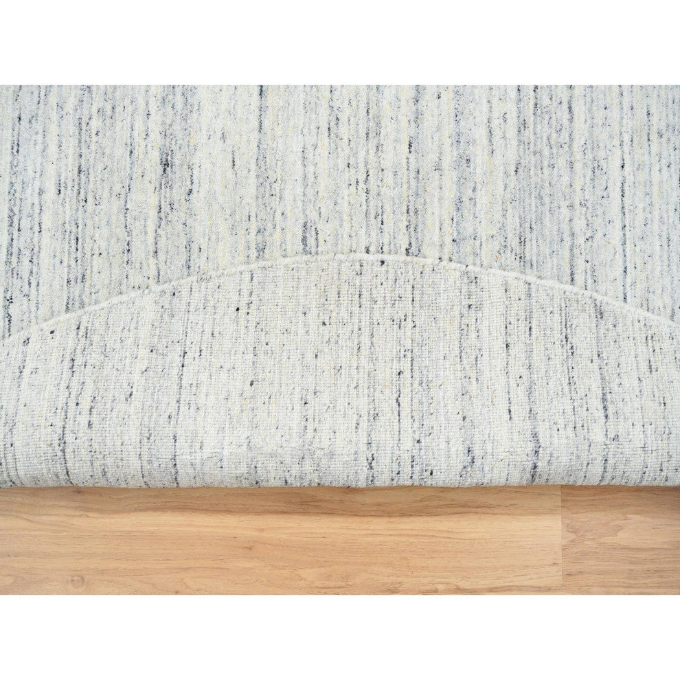 Ivory Pure Wool Hand Loomed Plain Modern Striped Design Round Rug, 7'10"x7'10"