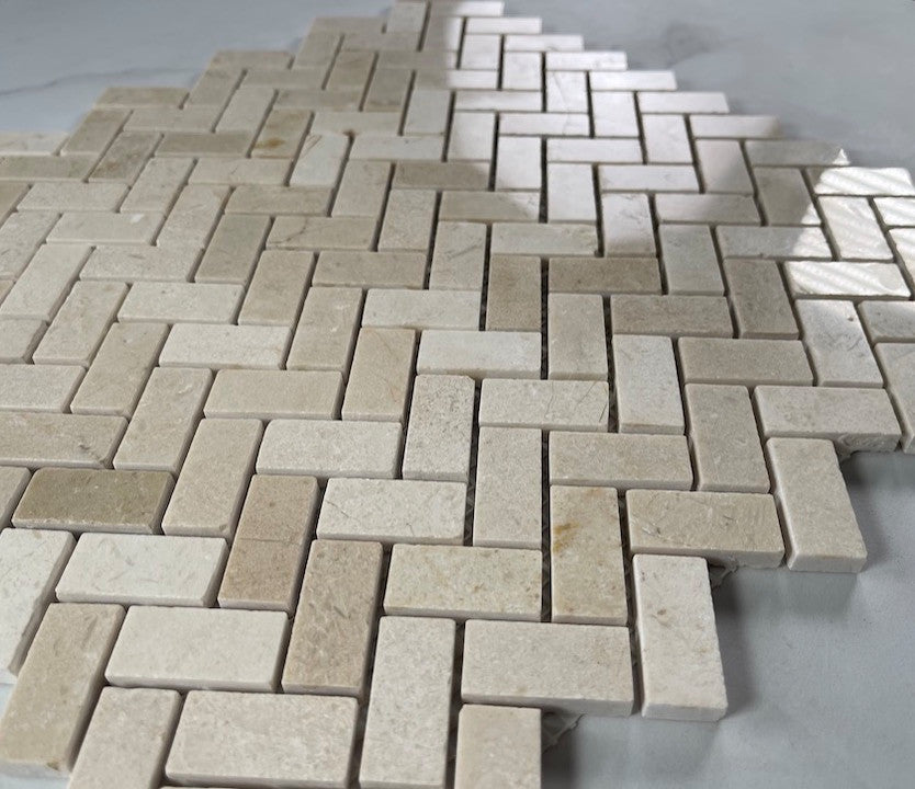 Crema Marfil Marble Herringbone Mosaic Tile Polished 5/8x1-1/4, 1 sheet