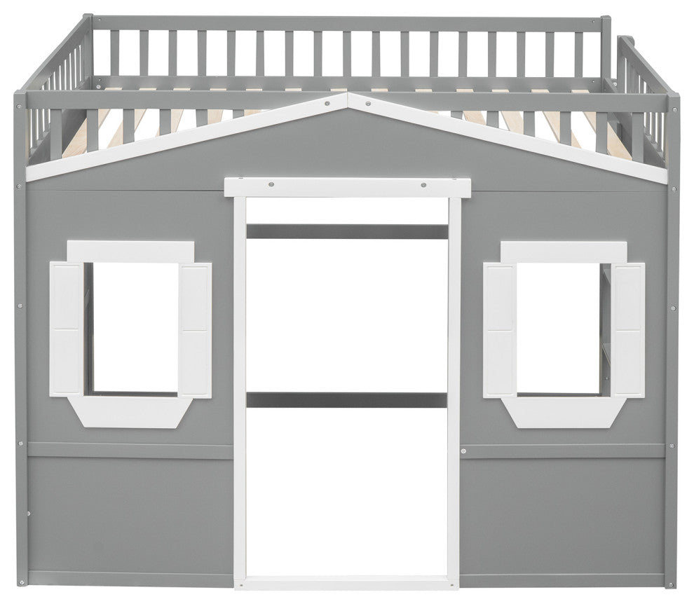 Gewnee Full Size Wood House Loft Bed With Ladder in Gray+White