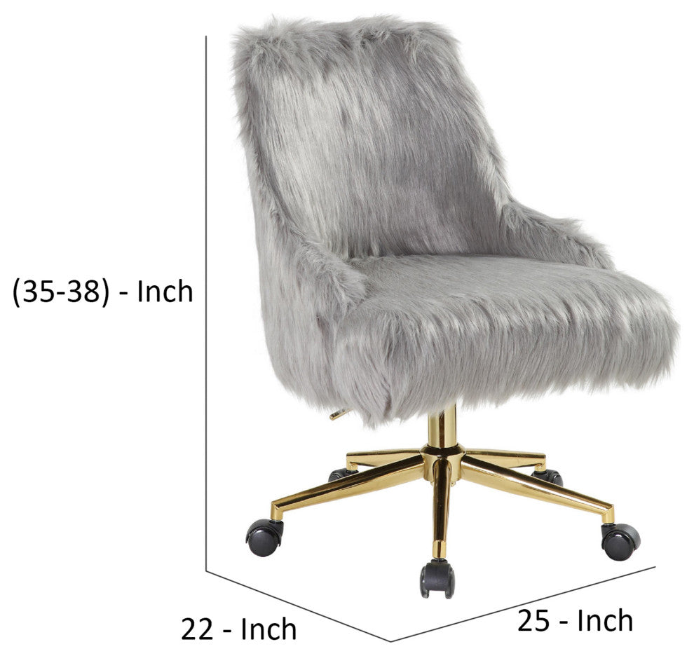 Benzara BM269064 Swivel Office Chair With Faux Fur Fabric, Gray and Gold