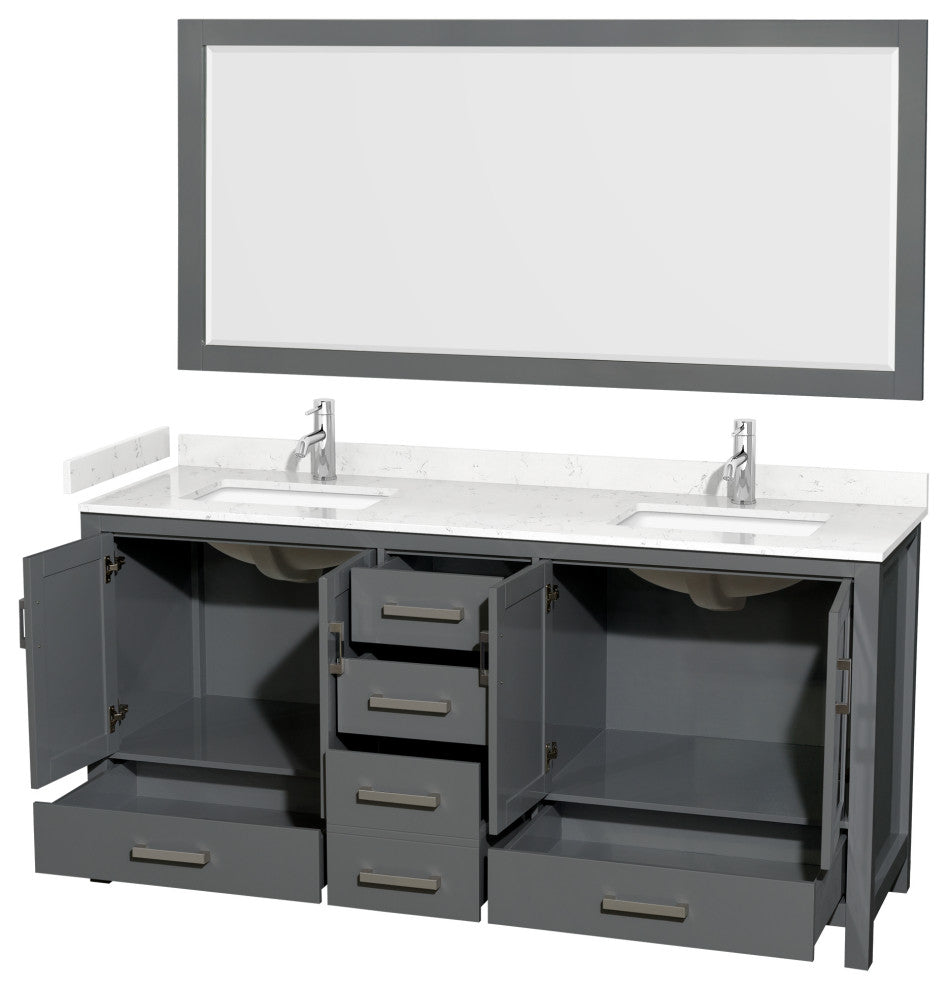 72"DBL Vanity Dark Gray, Carrara Cult. Marble Countertop, Sinks, 70"Mirror