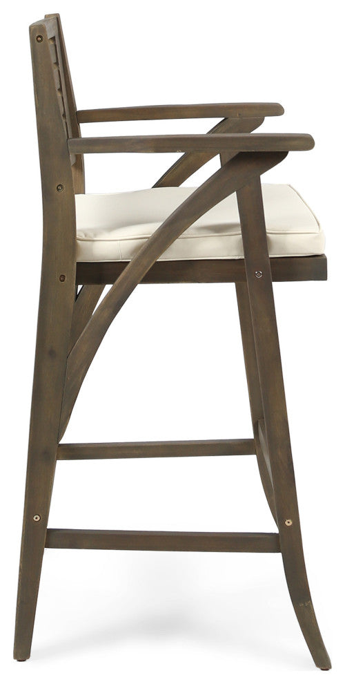 GDF Studio Joye Outdoor Acacia Wood Barstool, Gray With Cream Cushion, Set of 2