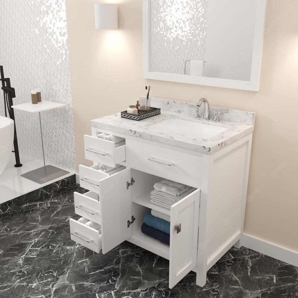 Caroline Parkway 36" Bath Vanity, White With Marble Quartz Top