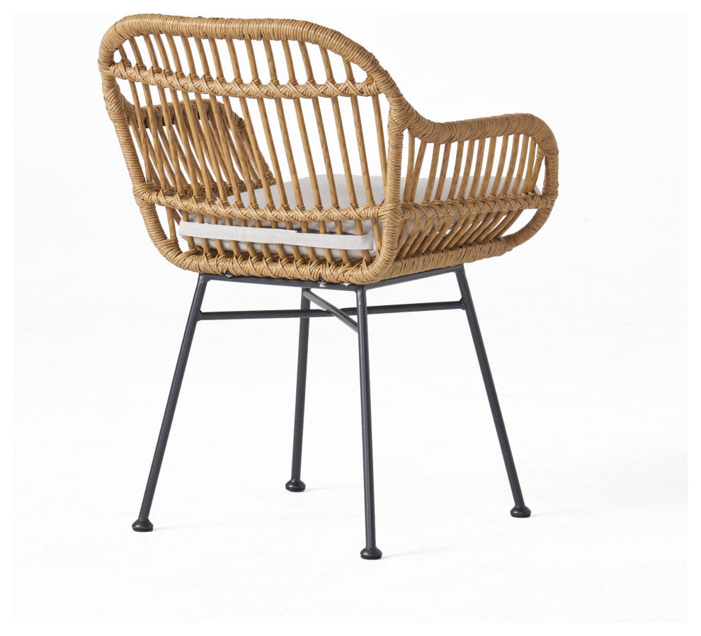 Rodney Outdoor Woven Faux Rattan Chairs With Cushions, Set of 2, Light Brown, Beige
