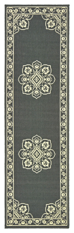 Martinique Floral Medallion Grey/ Ivory Indoor/Outdoor Area Rug, 2'3"x7'6"