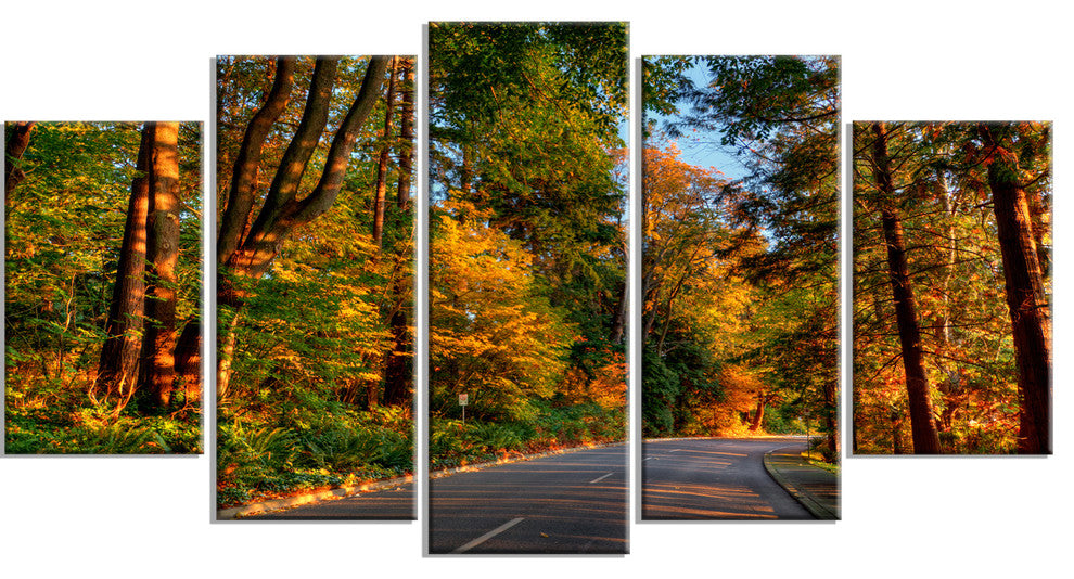 Road through Lit up Fall Forest, Large Landscape Canvas Art, 60"x32", 5 Panels