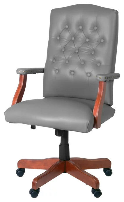 Traditional Office Chair, Hardwood Frame & Button Tufted PU Back, Gray/Cherry