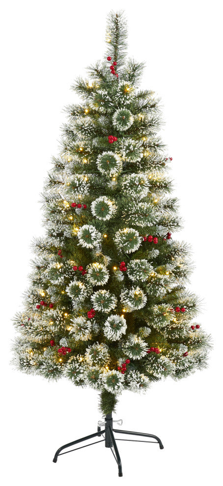 5' Frosted Swiss Pine Faux Christmas Tree With 200 Clear LED Lights and Berries