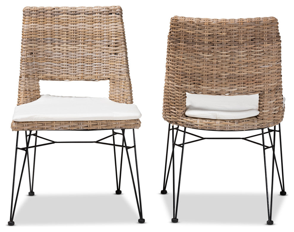 Maria 2-Piece Dining Chair Set With Cushion, Gray Natural Rattan & Metal