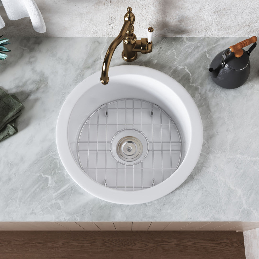 19"L x 19"W Undermount Fireclay Kitchen Sink with Sink Grid and Basket Strainer