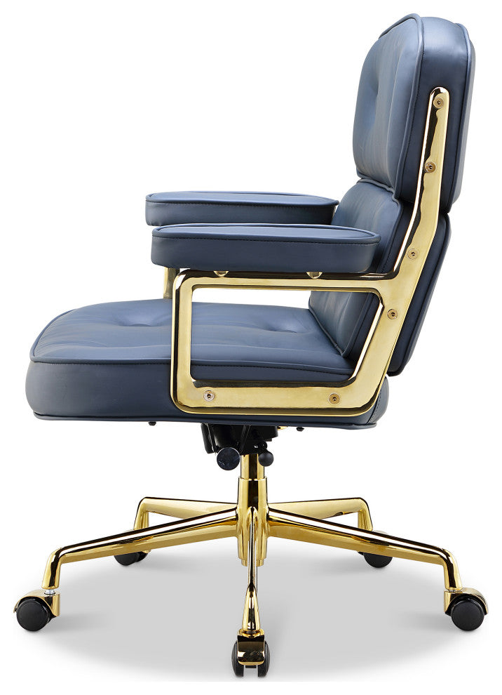 Lobby Mid Back Computer Office Desk Chair, Gold  Chrome&navy Blue
