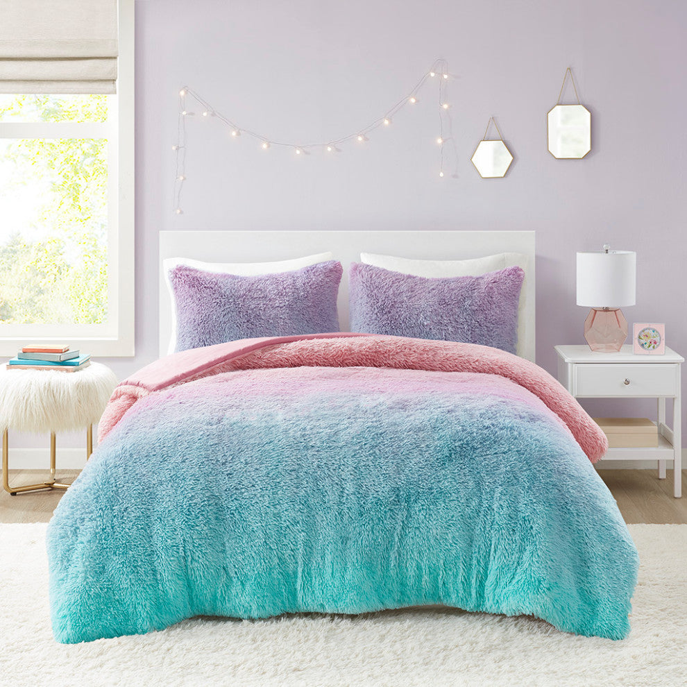 Mi Zone Primrose Ombre Shaggy Faux Fur Comforter Set, Purple Multi