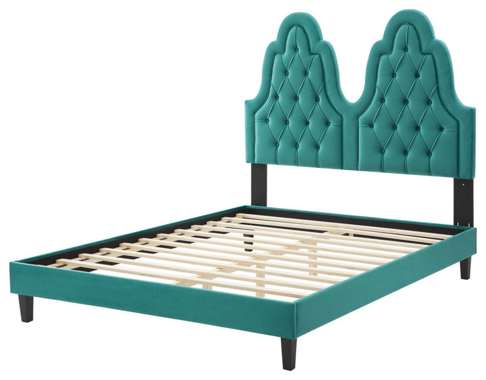 Tufted Platform Bed Frame, Twin Size, Velvet, Teal Blue, Modern Contemporary