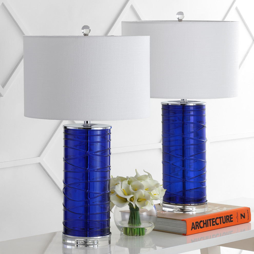 Cole 27.5" Fused Glass Cylinder LED Table Lamp, Set of 2, Cobalt
