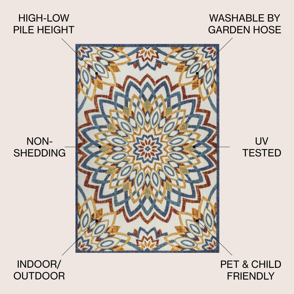 Flora Abstract Bold Mandala High-Low Indoor/Outdoor Area Rug, Red/Blue/Yellow