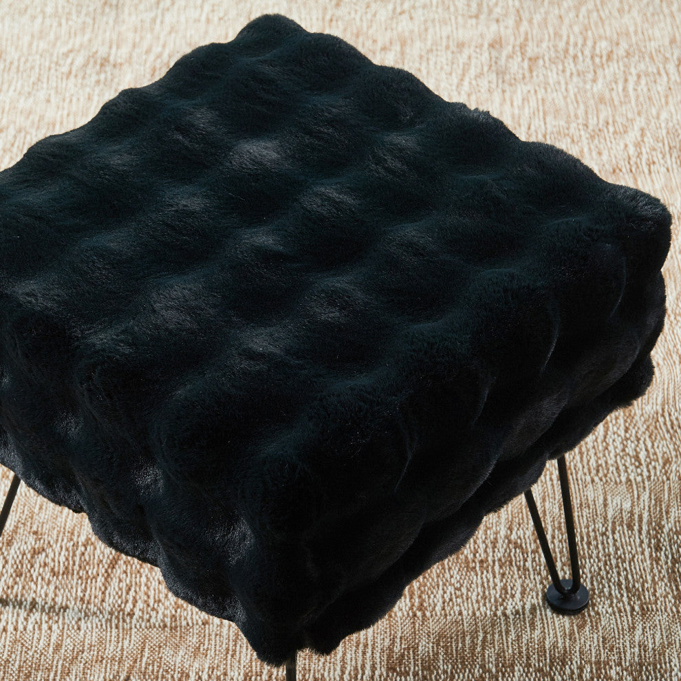 Bubble Square Faux Fur Ottoman Stool, Black, 17''x17''x17''
