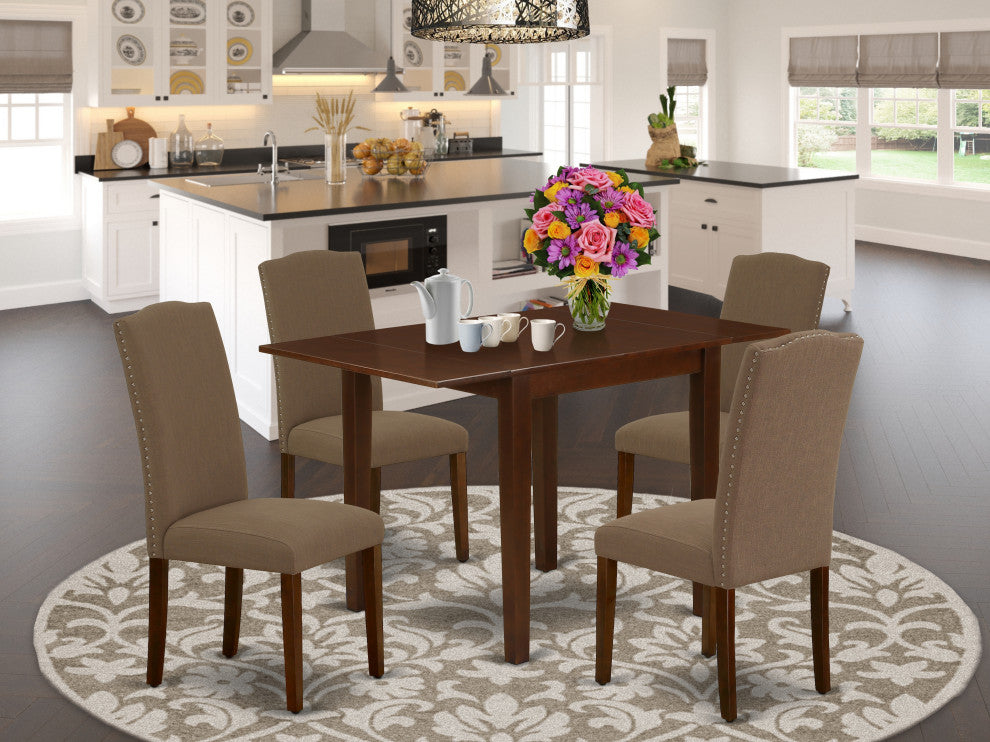 Dinette Set 5 Pcs Four Chairs, Table Mahogany Finish Hardwood Coffee Color