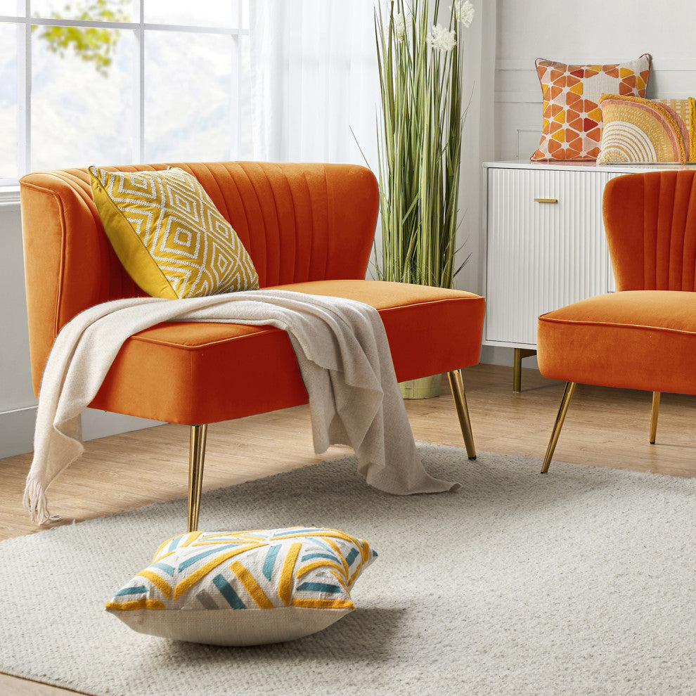 Velvet Tufted Loveseat Sofa With Golden Base, Orange