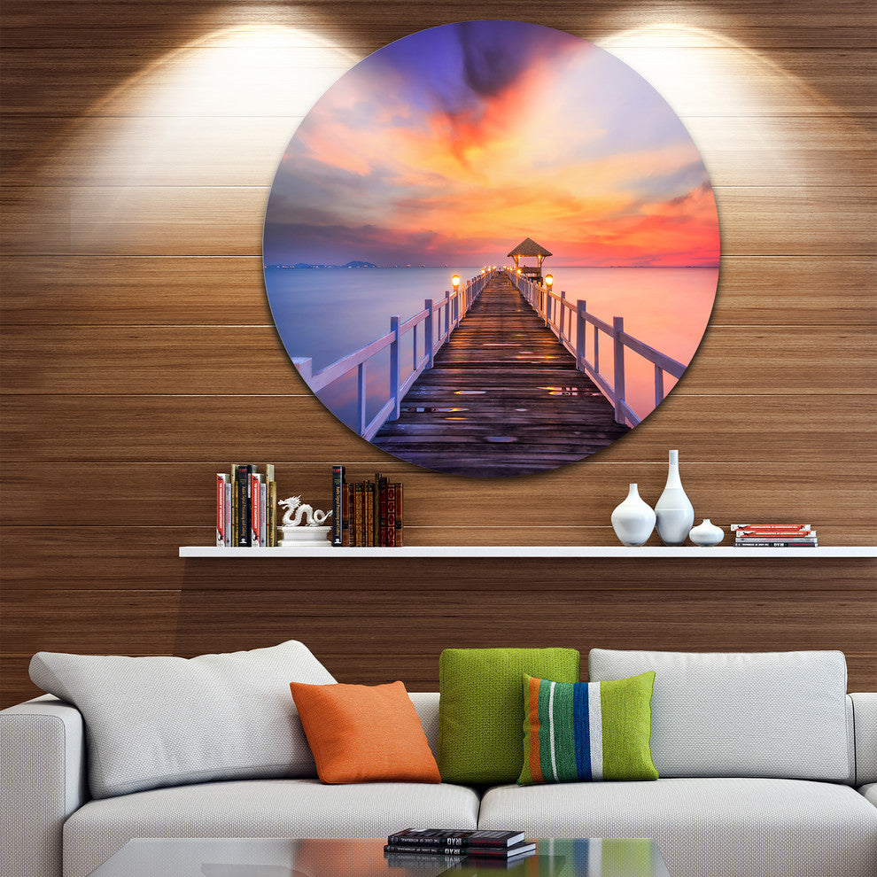 Wooden Bridge, Landscape Photography Round Metal Wall Art, 36"