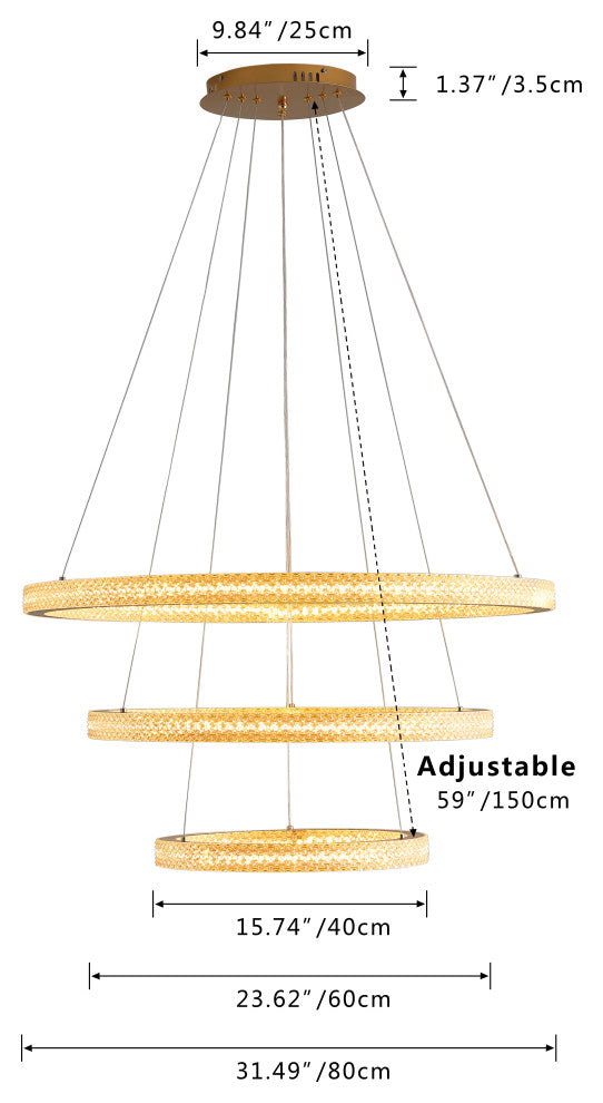 3 Ring LED Chandelier Modern Crystal Tiered Pendant Lights, Gold