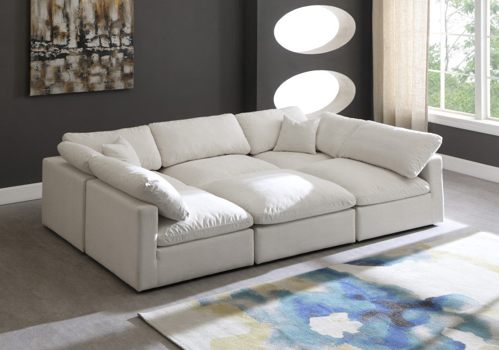 Plush Velvet / Down Standard Comfort 6-Piece U-Shaped Modular Sectional, Cream