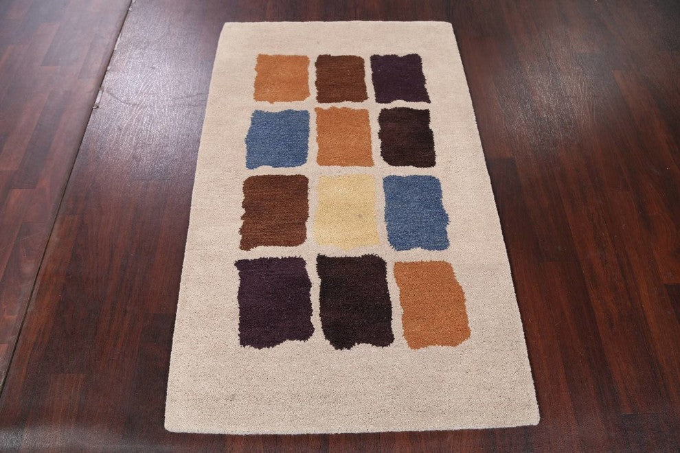 Hand-Tufted Indian Oushak Oriental Wool Area Rug, Patchwork, 3x5'