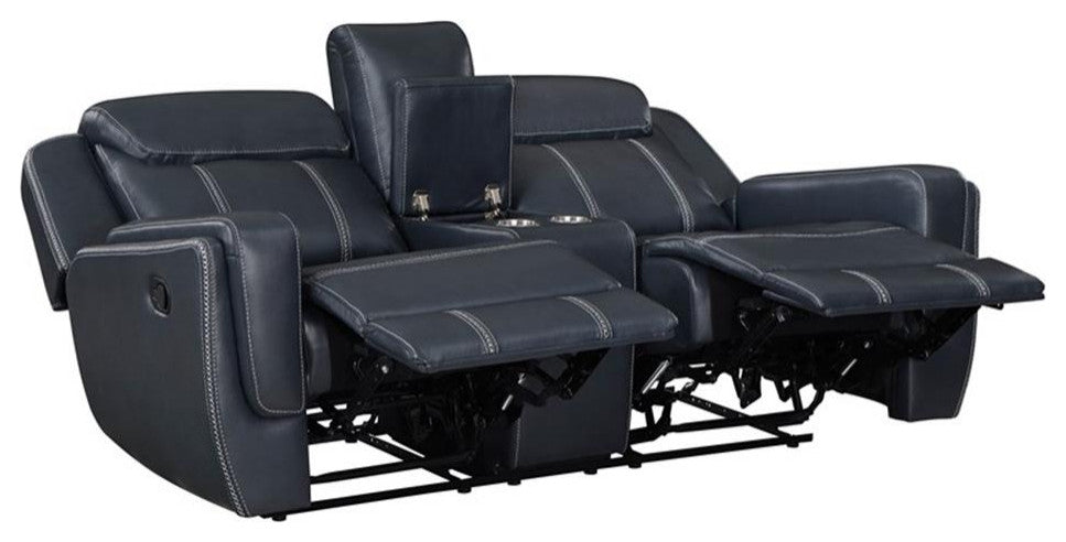 Pemberly Row Upholstered Faux Leather Double Reclining Loveseat in Blue