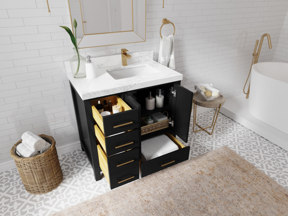 Malibu 36" Right Offset Bath Vanity in Black 2" Calacatta Sienna