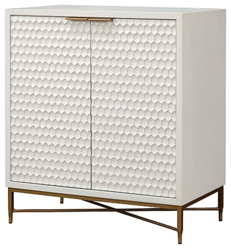 Benzara BM206689 Honeycomb Design 2 Door Bar Cabinet With Metal Legs, White