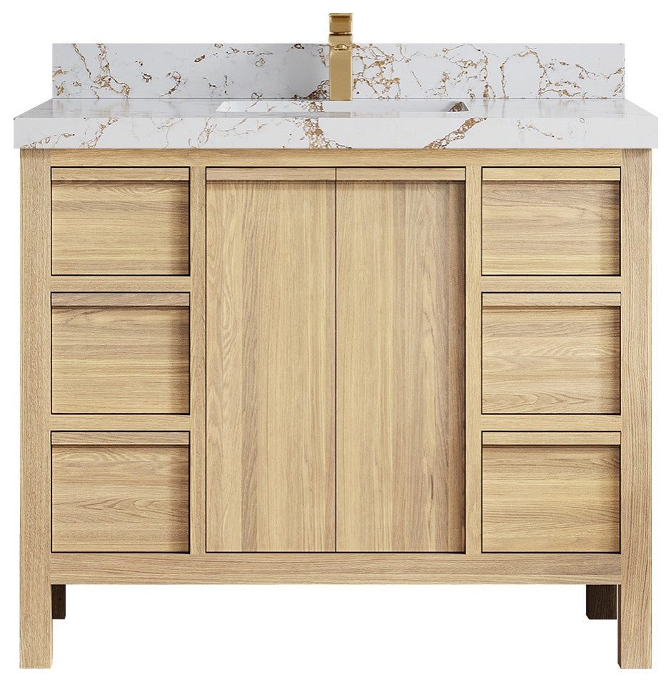 Elizabeth Oak 42" Single Sink Vanity, White 2" Viola Gold