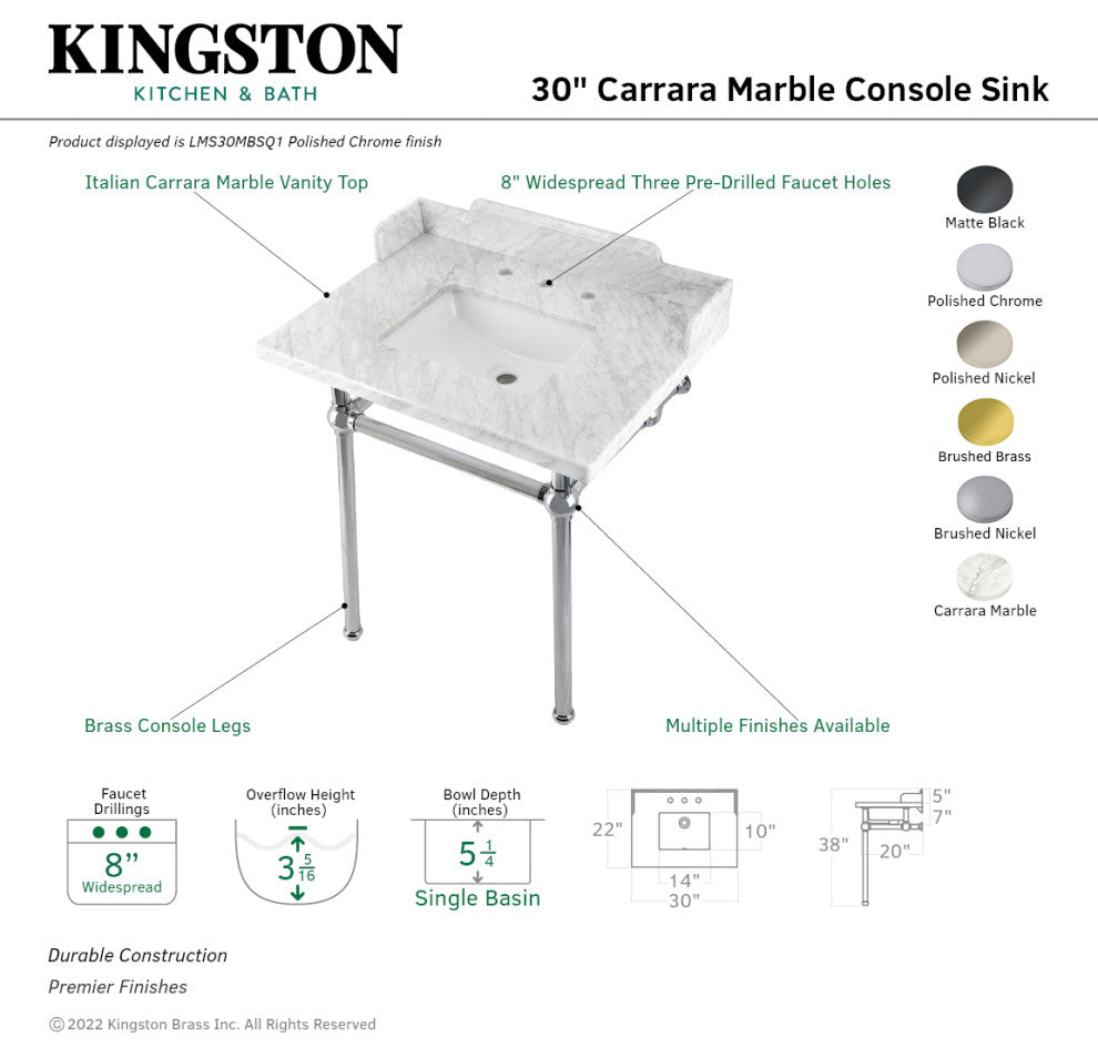 Kingston Brass LMS30MBSQ7 30" Carrara Marble Console Sink, Legs
