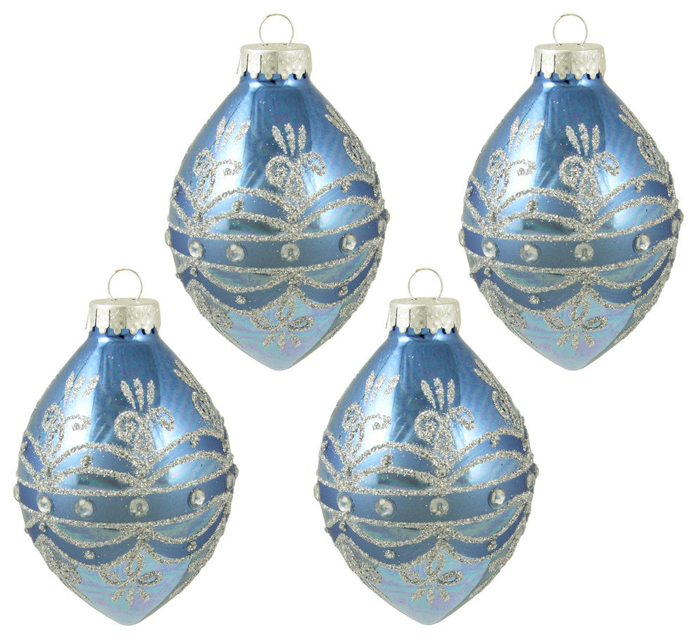 Glittered Glass Shuttle Christmas Ornaments, Shiny Blue Silver, Set of 4