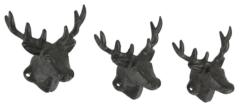 Set of 3 Rustic Brown Deer Head Decorative Wall Hooks Lodge Decor
