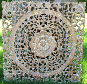 Large Square Oriental Carved Lotus Wood Plaque