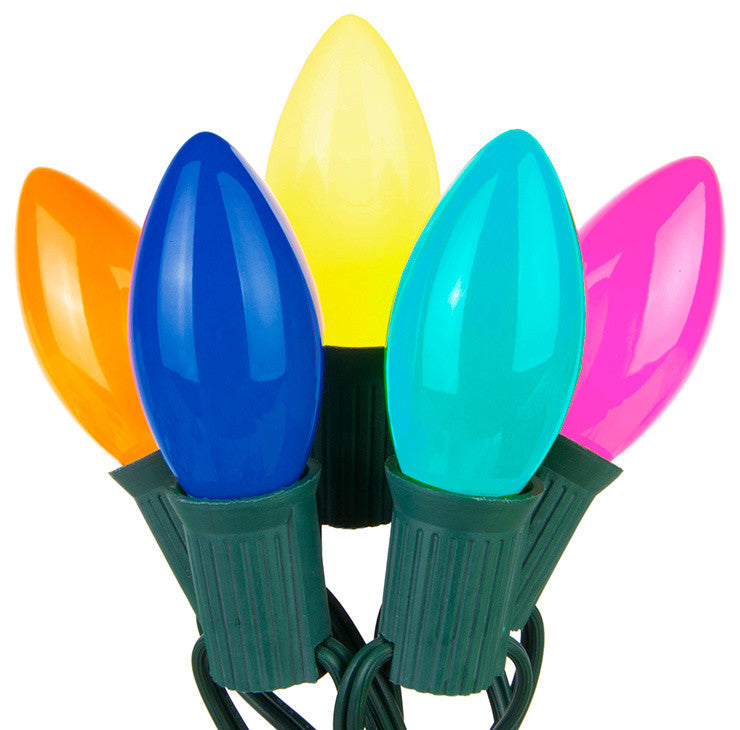 Multi Ceramic C9 Christmas Lights, 12" Spacing, Green Wire
